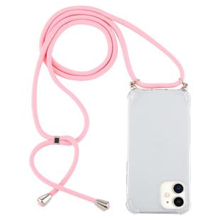 For iPhone 12 mini Four-Corner Shockproof Transparent TPU Case with Lanyard(Light Pink)