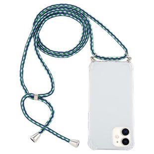 For iPhone 12 mini Four-Corner Shockproof Transparent TPU Case with Lanyard(Green Blue White)