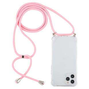For iPhone 12 Pro Max Four-Corner Shockproof Transparent TPU Case with Lanyard(Light Pink)