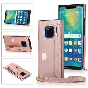 For Huawei Mate 20 Pro Wrist Strap PU+TPU Shockproof Protective Case with Crossbody Lanyard & Holder & Card Slot(Rose Gold)