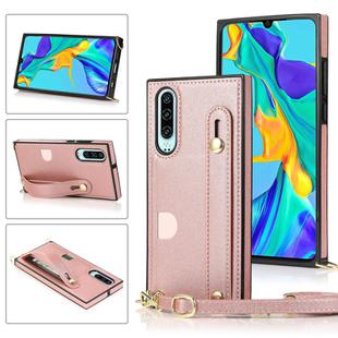 For Huawei P30 Wrist Strap PU+TPU Shockproof Protective Case with Crossbody Lanyard & Holder & Card Slot(Rose Gold)
