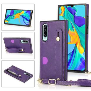 For Huawei P30 Wrist Strap PU+TPU Shockproof Protective Case with Crossbody Lanyard & Holder & Card Slot(Purple)