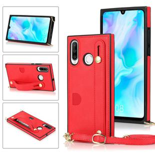 For Huawei P30 Lite Wrist Strap PU+TPU Shockproof Protective Case with Crossbody Lanyard & Holder & Card Slot(Red)