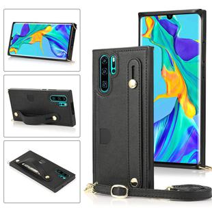 For Huawei P30 Pro Wrist Strap PU+TPU Shockproof Protective Case with Crossbody Lanyard & Holder & Card Slot(Black)