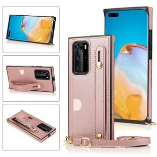 For Huawei P40 Pro Plus Wrist Strap PU+TPU Shockproof Protective Case with Crossbody Lanyard & Holder & Card Slot(Rose Gold)