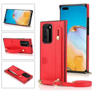 For Huawei P40 Pro Plus Wrist Strap PU+TPU Shockproof Protective Case with Crossbody Lanyard & Holder & Card Slot(Red)