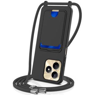 For Realme Narzo N53 4G / Note 50 4G Integrated Card Bag Solid Color Liquid Silicone Phone Case with Lanyard(Black)