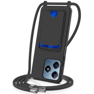 For Realme Note 60 / Note 60x Integrated Card Bag Solid Color Liquid Silicone Phone Case with Lanyard(Black)