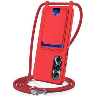 For Realme C65 4G Integrated Card Bag Solid Color Liquid Silicone Phone Case with Lanyard(Red)