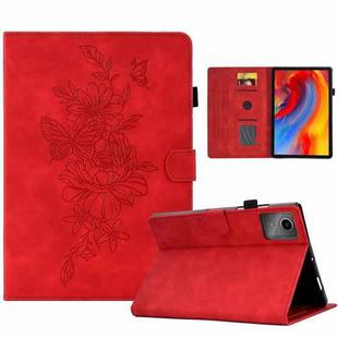 For Lenovo Xiaoxin Pad 11 2025 Peony Butterfly Embossed Leather Smart Tablet Case(Red)