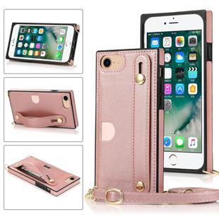 For iPhone 7 / 8 / SE 2020 Wrist Strap PU+TPU Shockproof Protective Case with Crossbody Lanyard & Holder & Card Slot(Rose Gold)