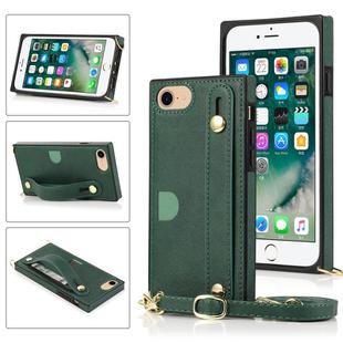 For iPhone 7 / 8 / SE 2020 Wrist Strap PU+TPU Shockproof Protective Case with Crossbody Lanyard & Holder & Card Slot(Green)