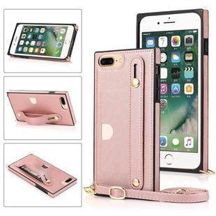 For iPhone 8 Plus / 7 Plus Wrist Strap PU+TPU Shockproof Protective Case with Crossbody Lanyard & Holder & Card Slot(Rose Gold)