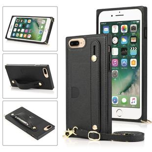 For iPhone 8 Plus / 7 Plus Wrist Strap PU+TPU Shockproof Protective Case with Crossbody Lanyard & Holder & Card Slot(Black)