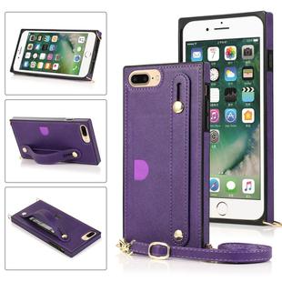 For iPhone 8 Plus / 7 Plus Wrist Strap PU+TPU Shockproof Protective Case with Crossbody Lanyard & Holder & Card Slot(Purple)