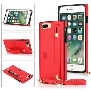For iPhone 8 Plus / 7 Plus Wrist Strap PU+TPU Shockproof Protective Case with Crossbody Lanyard & Holder & Card Slot(Red)
