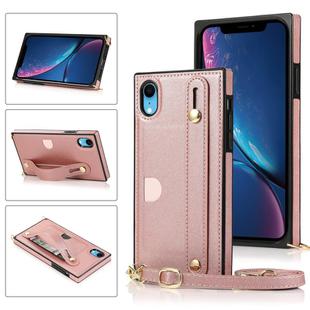 For iPhone XR Wrist Strap PU+TPU Shockproof Protective Case with Crossbody Lanyard & Holder & Card Slot(Rose Gold)