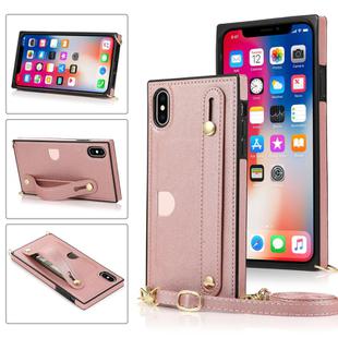 For iPhone XS Max Wrist Strap PU+TPU Shockproof Protective Case with Crossbody Lanyard & Holder & Card Slot(Rose Gold)