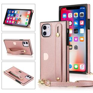For iPhone 11 Wrist Strap PU+TPU Shockproof Protective Case with Crossbody Lanyard & Holder & Card Slot(Rose Gold)