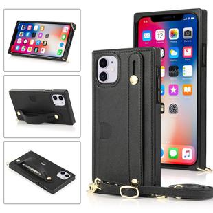 For iPhone 11 Wrist Strap PU+TPU Shockproof Protective Case with Crossbody Lanyard & Holder & Card Slot(Black)