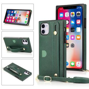 For iPhone 11 Wrist Strap PU+TPU Shockproof Protective Case with Crossbody Lanyard & Holder & Card Slot(Green)