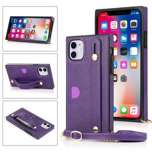 For iPhone 11 Wrist Strap PU+TPU Shockproof Protective Case with Crossbody Lanyard & Holder & Card Slot(Purple)