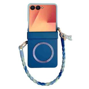 For Samsung Galaxy Z Flip7 5G Integrated Hinge Side Buckle MagSafe Skin Feel PC Phone Case with Strap(Light Blue Navy)