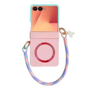 For Samsung Galaxy Z Flip7 5G Integrated Hinge Side Buckle MagSafe Skin Feel PC Phone Case with Strap(Gradient Blue Pink)
