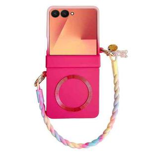 For Samsung Galaxy Z Flip7 5G Integrated Hinge Side Buckle MagSafe Skin Feel PC Phone Case with Strap(Rose Red)