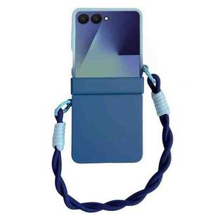For Samsung Galaxy Z Flip7 5G Integrated Hinge Side Buckle Skin Feel PC Phone Case with Strap(Light Blue Navy)