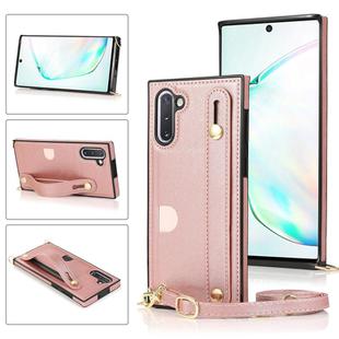 For Samsung Galaxy Note 10 Wrist Strap PU+TPU Shockproof Protective Case with Crossbody Lanyard & Holder & Card Slot(Rose Gold)