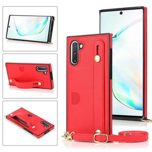 For Samsung Galaxy Note 10 Wrist Strap PU+TPU Shockproof Protective Case with Crossbody Lanyard & Holder & Card Slot(Red)