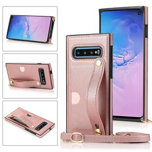 For Samsung Galaxy S10 Wrist Strap PU+TPU Shockproof Protective Case with Crossbody Lanyard & Holder & Card Slot(Rose Gold)