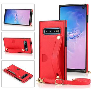 For Samsung Galaxy S10 Wrist Strap PU+TPU Shockproof Protective Case with Crossbody Lanyard & Holder & Card Slot(Red)