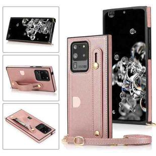 For Samsung Galaxy S20 Ultra Wrist Strap PU+TPU Shockproof Protective Case with Crossbody Lanyard & Holder & Card Slot(Rose Gold)