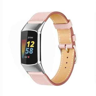 For Fitbit Charge 6 / 5 Cowhide Leather Watch Band(Light Pink)