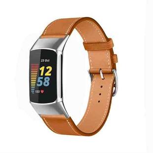 For Fitbit Charge 6 / 5 Cowhide Leather Watch Band(Brown)