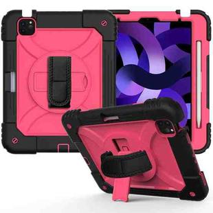For iPad Air 2022 / 2020 10.9 / Air 2022 Shockproof PC + Silicone Combination Case with Holder & Hand Strap & Shoulder Strap(Black + Rose Red)