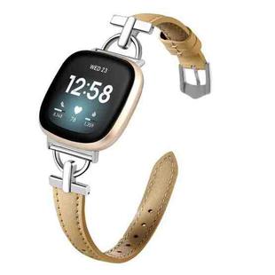 For Fitbit Versa 3 / 4 / Sense 2 D Metal Genuine Leather Watch Band(Khaki)