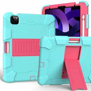 For iPad Air 2022 / 2020 10.9 Shockproof Two-Color Silicone Protective Case with Holder(Mint Green + Rose Red)