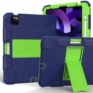 For iPad Air 2022 / 2020 10.9 Shockproof Two-Color Silicone Protective Case with Holder(Navy Blue + Green)