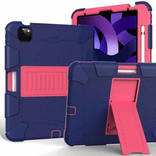 For iPad Air 2022 / 2020 10.9 Shockproof Two-Color Silicone Protective Case with Holder(Navy Blue + Rose Red)
