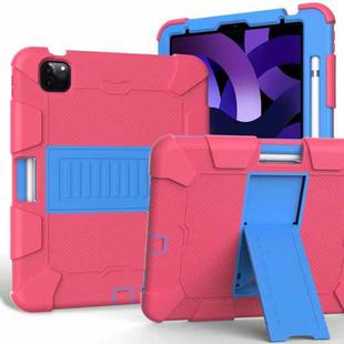 For iPad Air 2022 / 2020 10.9 Shockproof Two-Color Silicone Protective Case with Holder(Rose Red + Blue)