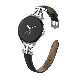 For Google Pixel Watch 3 45mm D-shaped Metal Small Waist Leather Watch Band(Black)