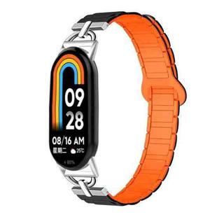 For Xiaomi Smart Band 10 / 9 / 8 D-shaped Tri-beads Magnetic Silicone Watch Band(Black Orange)