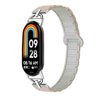 For Xiaomi Smart Band 10 / 9 / 8 D-shaped Tri-beads Magnetic Silicone Watch Band(Milk Tea Rock White)