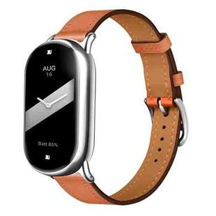 For Xiaomi Smart Band 10 / 9 / 8 Slim Silver Buckle Leather Watch Band(Brown)