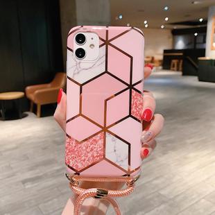 For iPhone 12 mini Plating Marble Pattern Soft TPU Protective Case with Shoulder Strap(Pink Lattice)