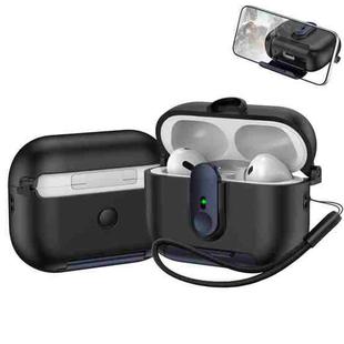 For AirPods Pro One-piece Holder Wireless Earphones Case with Lanyard(Black Dark Blue)