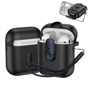 For AirPods 1 / 2 One-piece Holder Wireless Earphones Case with Lanyard(Black Dark Blue)